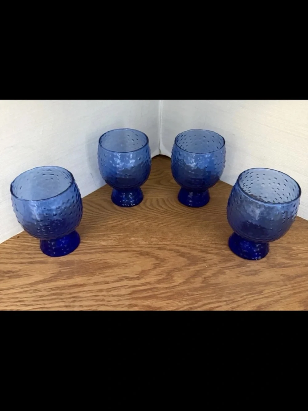 Set of 4 Vintage Mexican Cobalt Blue Hand Blown Hobnail Glass Goblets